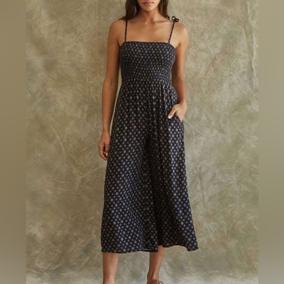 Boho Pattern Black Jumpsuit with Smocked Bodice & Side Pockets Medium - Picture 1 of 9